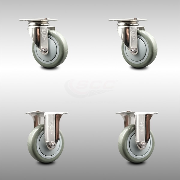 4 Inch 316SS Gray Polyurethane Wheel Swivel Top Plate Caster Rigid SCC, 2PK